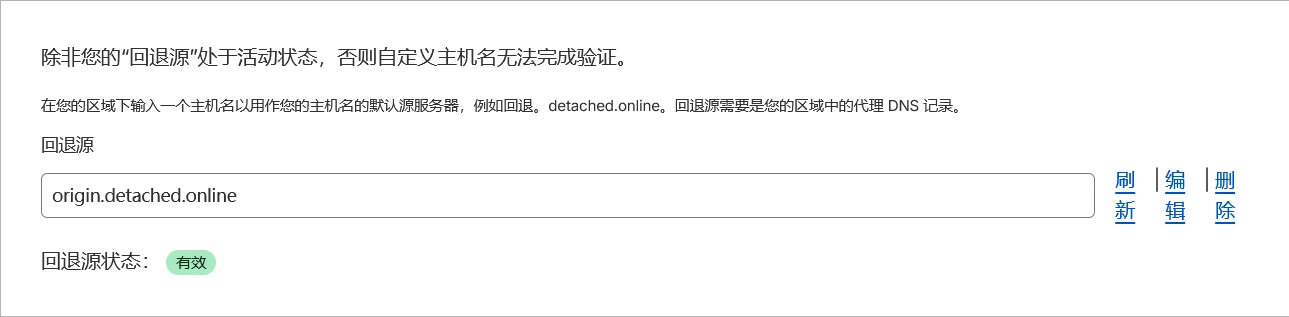 回退源填入 origin.detached.online，回退源状态显示「有效」