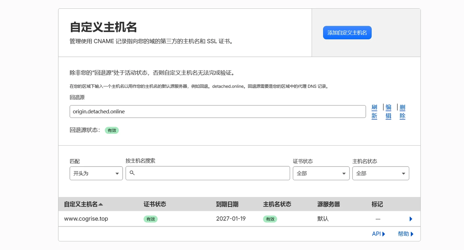 自定义主机名列表：回退源 origin.detached.online 有效，www.cogrise.top 的证书状态和主机名状态都是「有效」，源服务器为默认