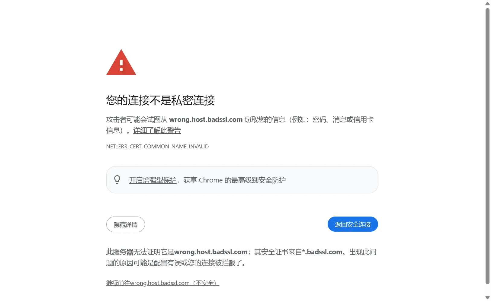 普通网站：展开高级后有「继续前往（不安全）」