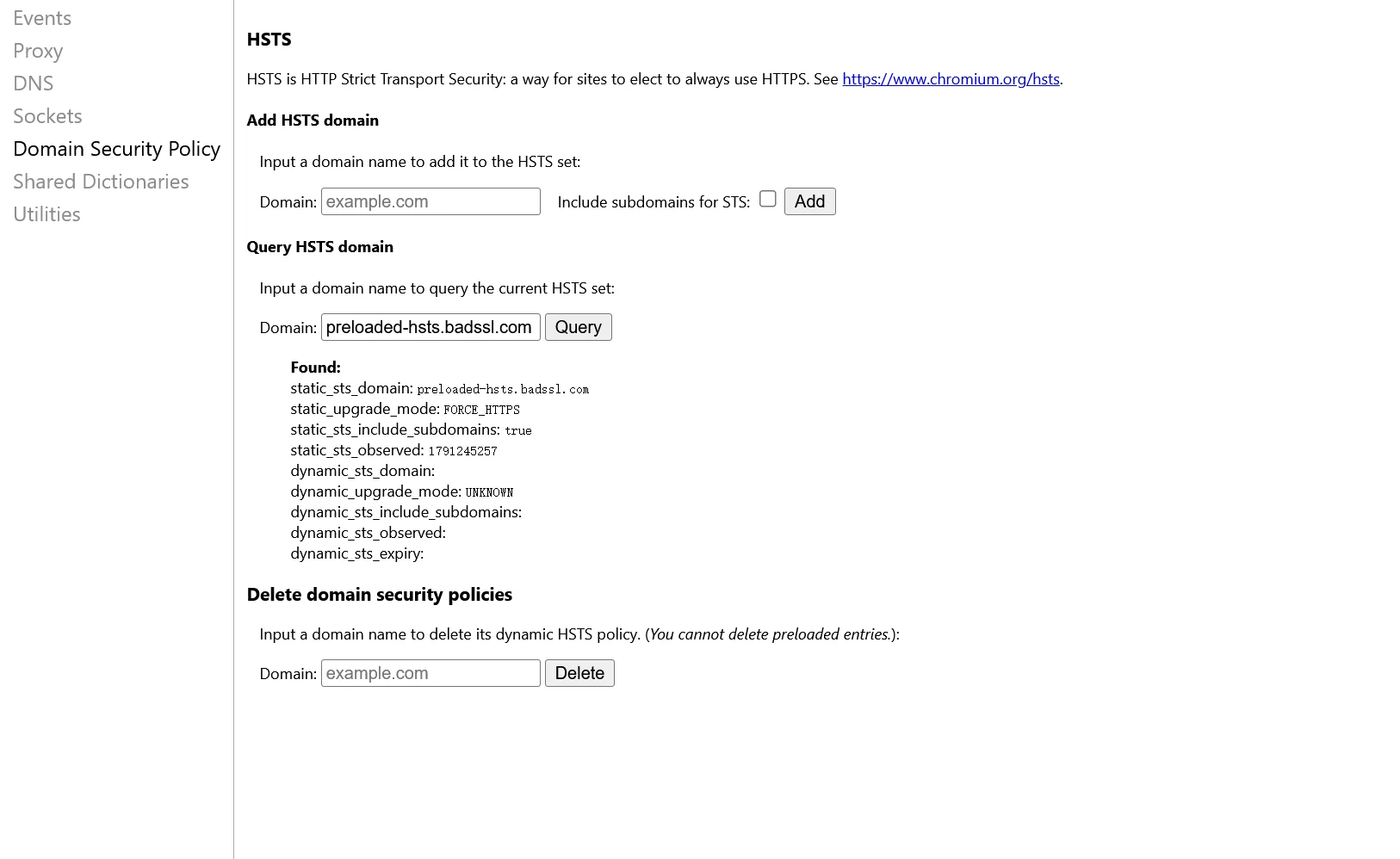 chrome://net-internals/#hsts 的查询结果：badssl 测试域名是 static 记录