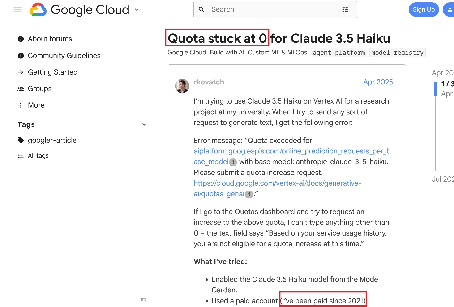 论坛帖子《Quota stuck at 0 for Claude 3.5 Haiku》，发帖人写明自 2021 年起就是付费账号