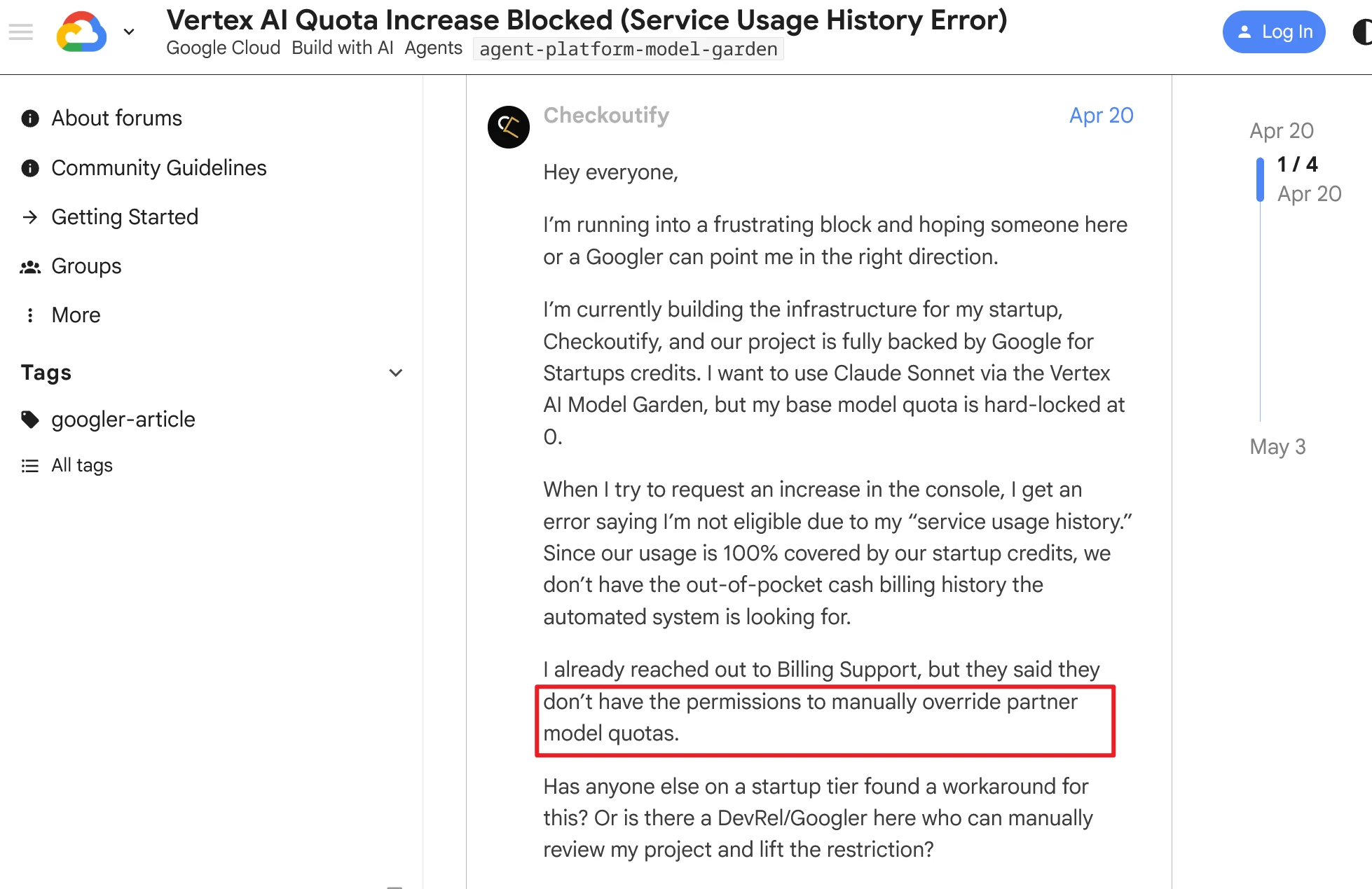 论坛帖子《Vertex AI Quota Increase Blocked》，结算支持回复说他们没有权限手动调整合作方模型的配额