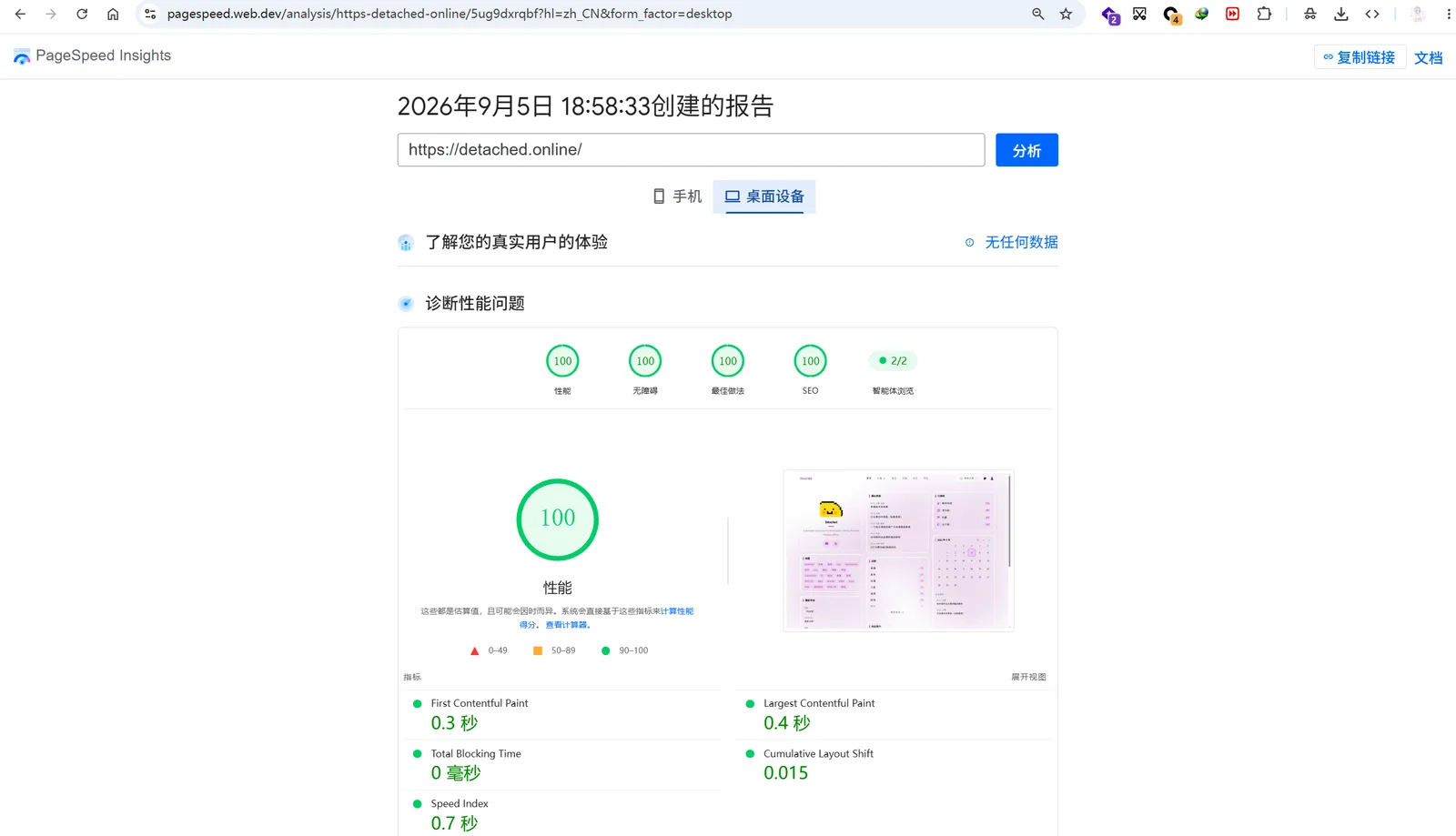 PageSpeed Insights 桌面档报告：四项全部 100，FCP 0.3 秒、LCP 0.4 秒、TBT 0 毫秒、CLS 0.015、Speed Index 0.7 秒